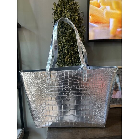 Mansur Gavriel Large Metallic Croc Tote Silver Womens Size OS - Picture 9 of 15